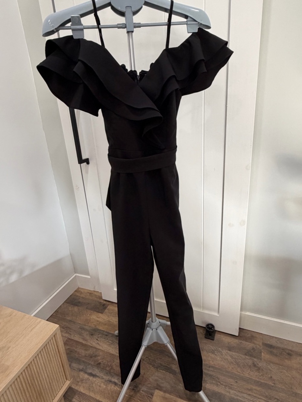 Main Strip Black Ruffled Off Shoulder Jumpsuit